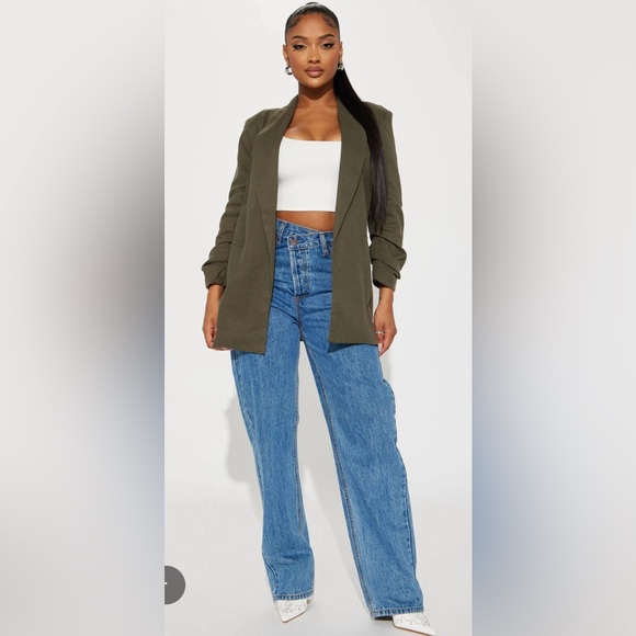 Oversized Olive Green Linen Blazer - Picture 3 of 4